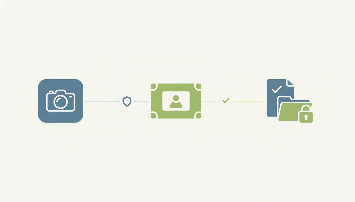 A simple diagram shows camera access, card images, and exports protected by privacy controls.