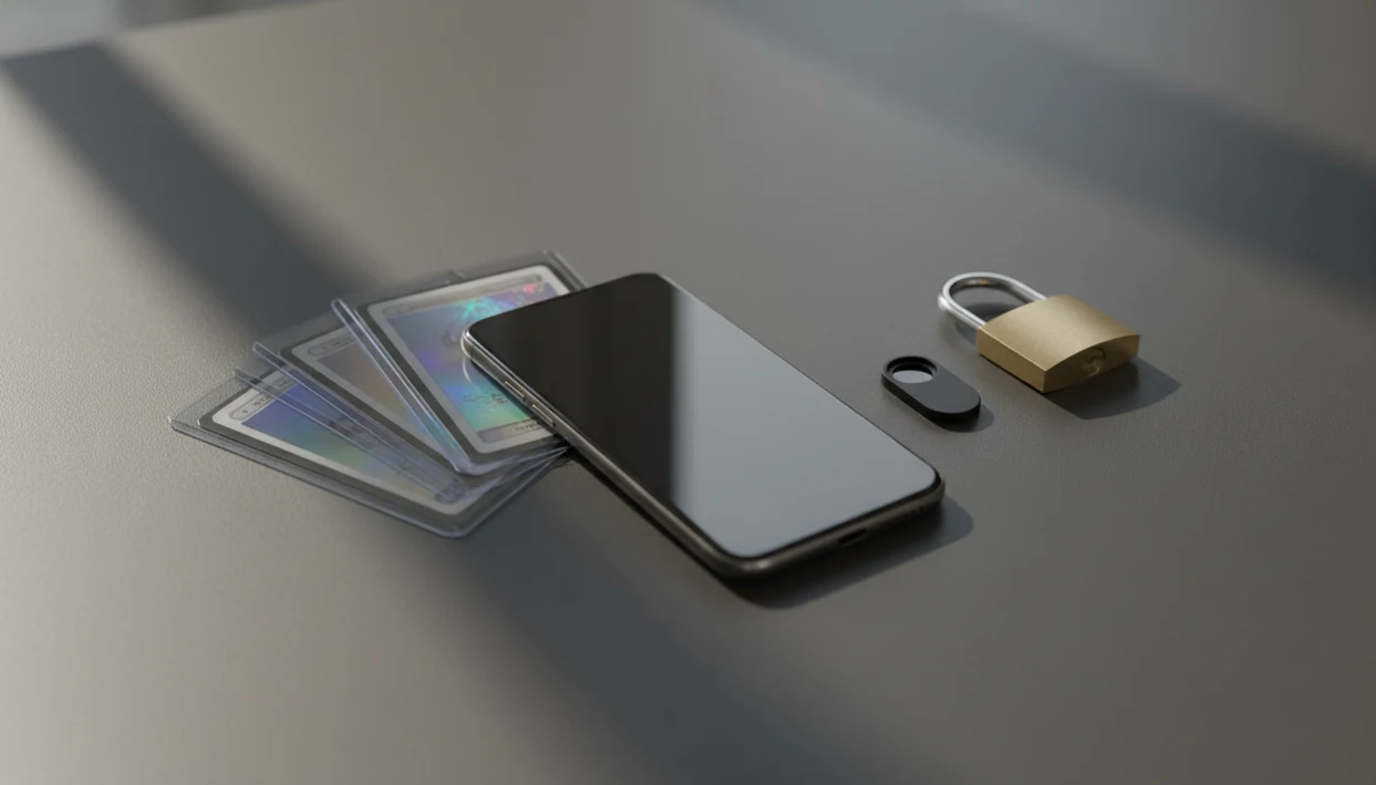 A phone, sleeved trading cards, and a padlock sit on a desk to suggest scanner privacy.