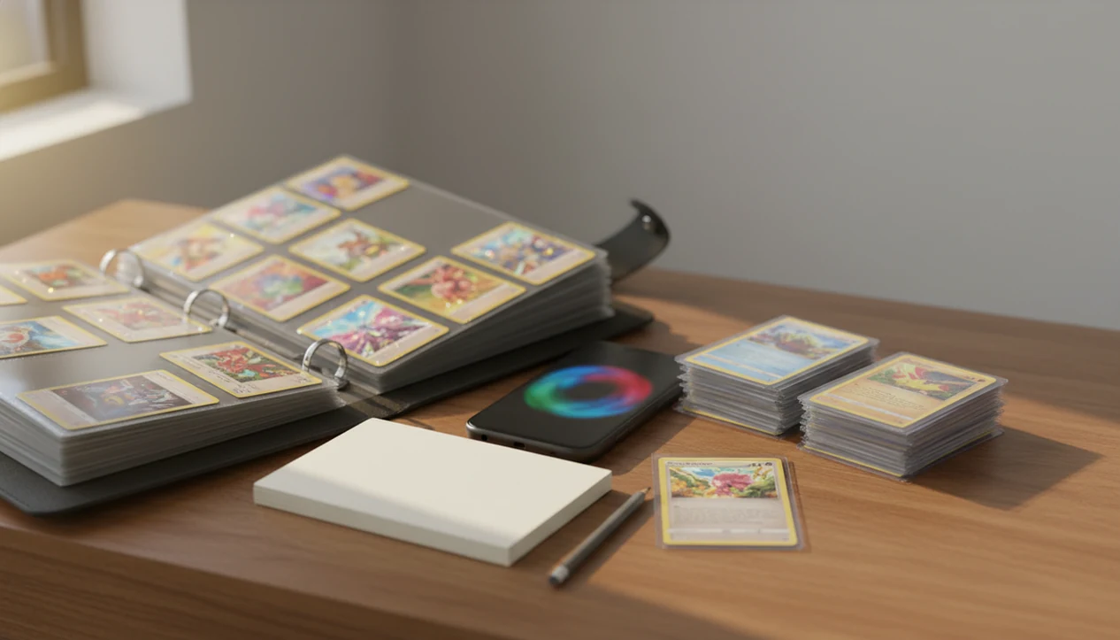 A binder, phone, and sorted card stacks show a realistic Pokémon card scanning workflow.