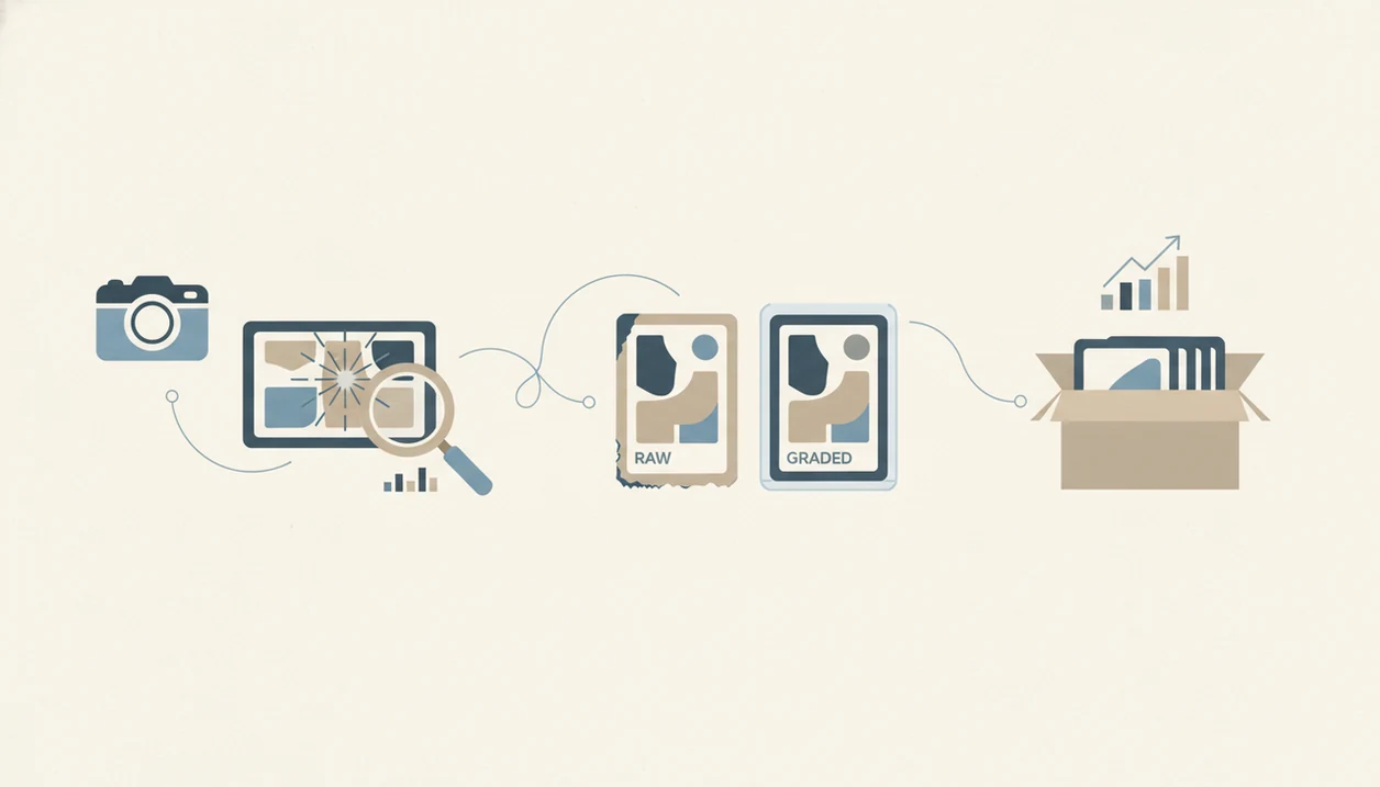 A simple illustrated workflow shows scanning, verifying, comparing values, and tracking cards.