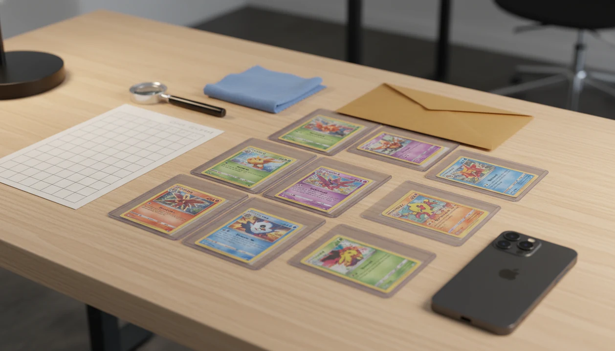 A clean tabletop workspace shows sleeved trading cards, a checklist, loupe, and shipping supplies ready for selling.