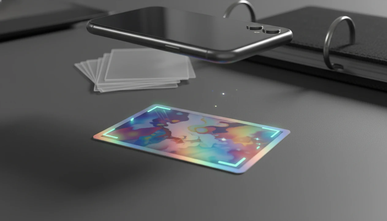 A smartphone scans a Pokémon-style trading card on a desk with sleeves and a binder nearby.