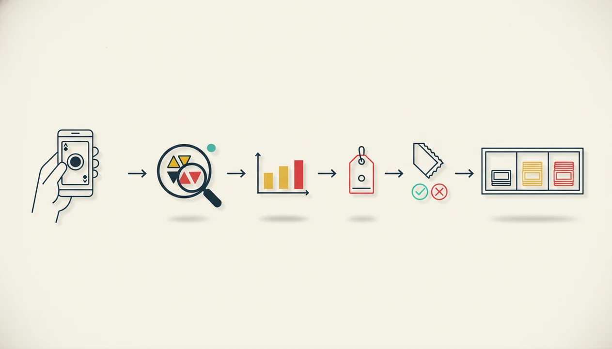 A simple visual workflow shows scanning, checking details, pricing, tagging, inspecting, and sorting cards.