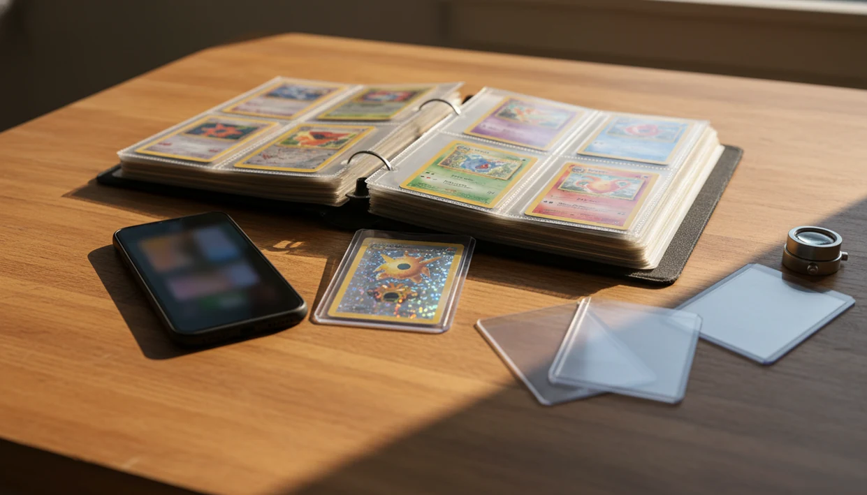 An old Pokémon card binder sits on a kitchen table beside a phone, sleeves, and a magnifying loupe.