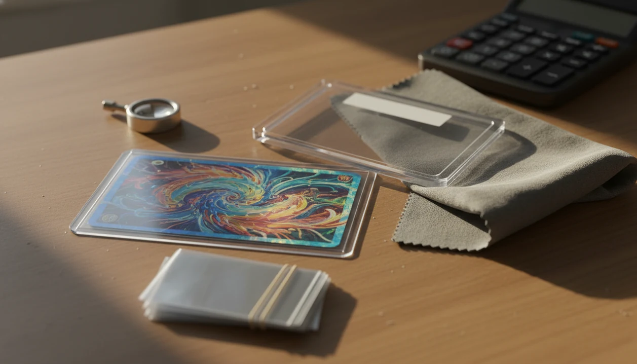 A sleeved trading card, blank slab, loupe, sleeves, and calculator arranged on a collector’s desk.