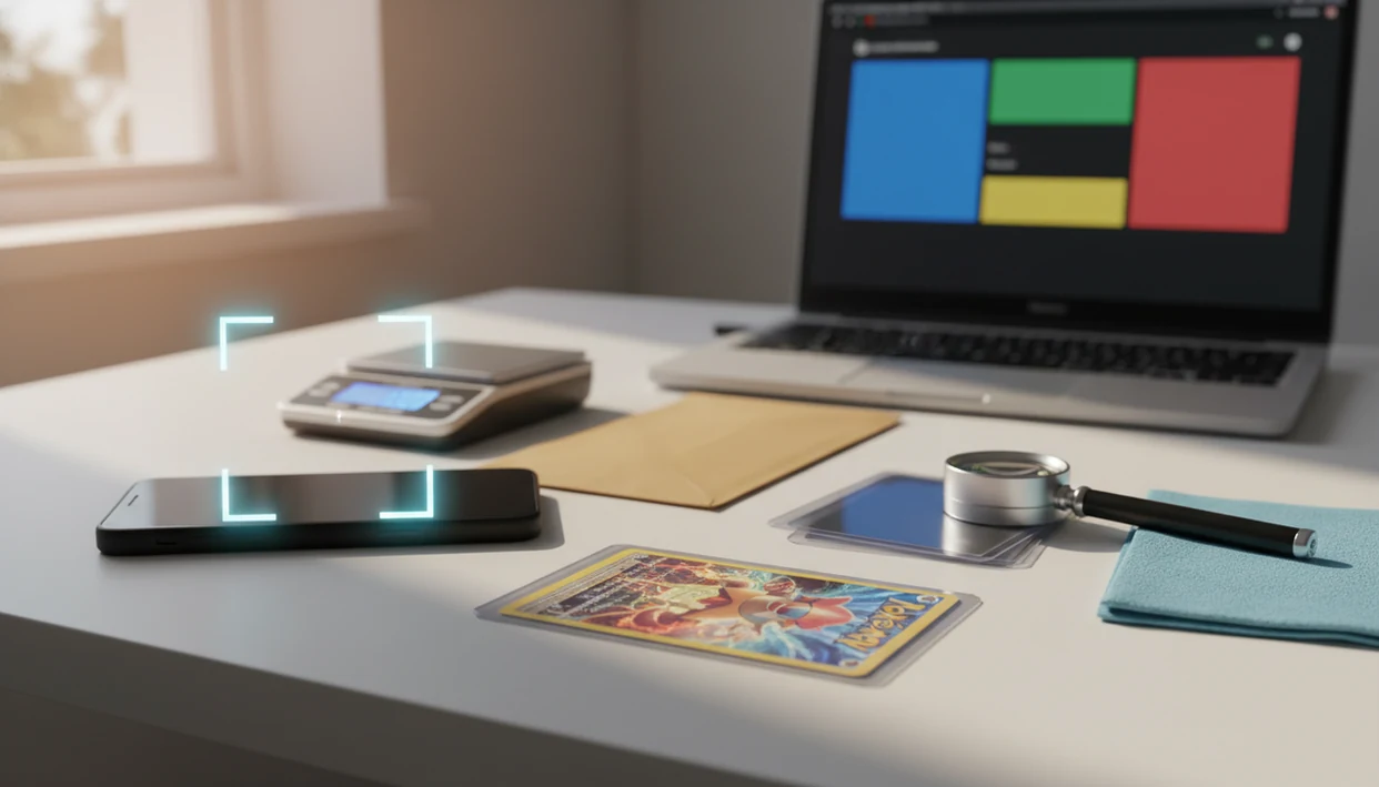 A desk setup shows a trading card, sleeves, phone, scale, and laptop for checking prices before listing.