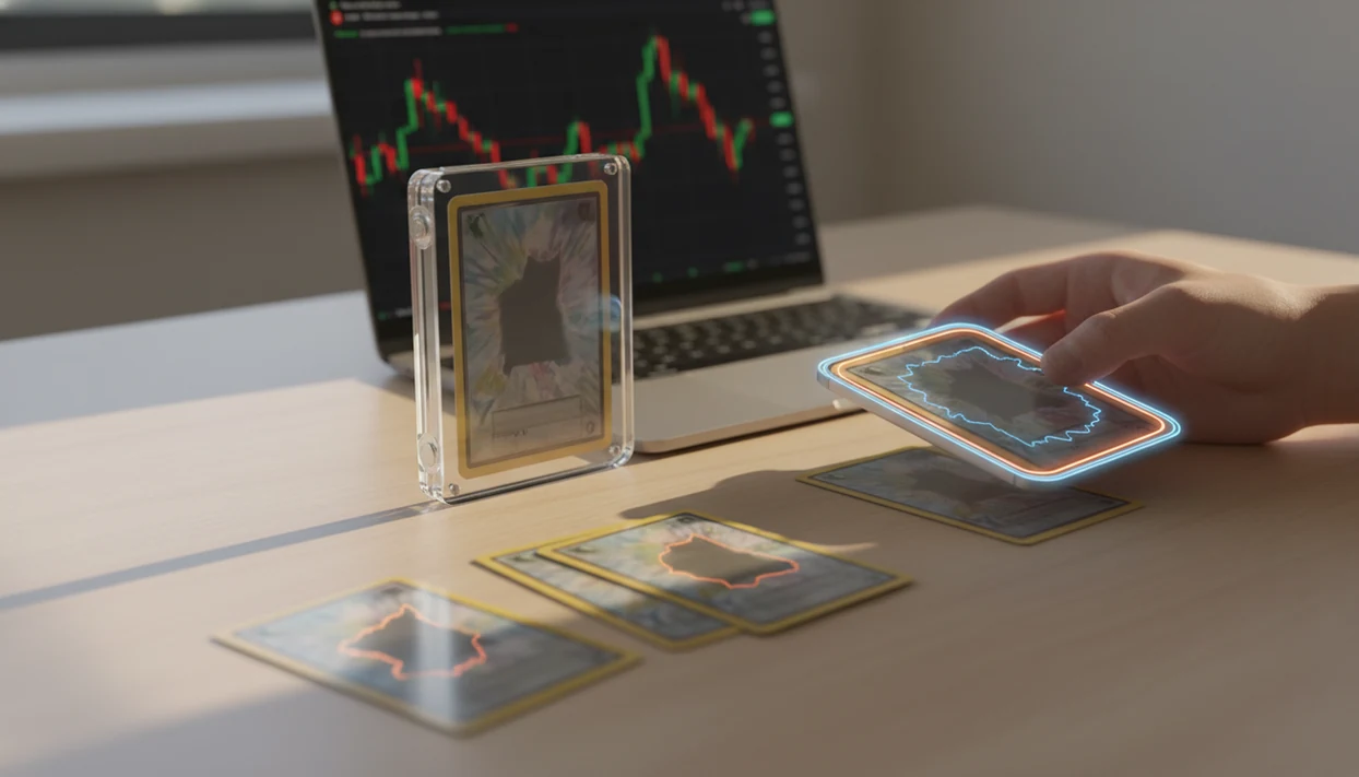 A trading card, graded slab, and scanner phone sit on a desk for researching Pokémon card values.