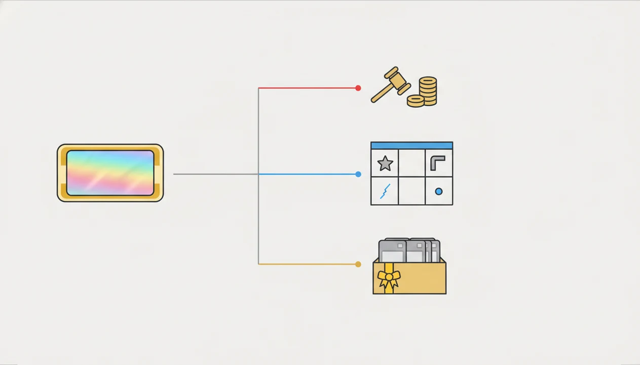 A clean branching diagram shows one raw card leading to resale, condition, and bulk grading paths.