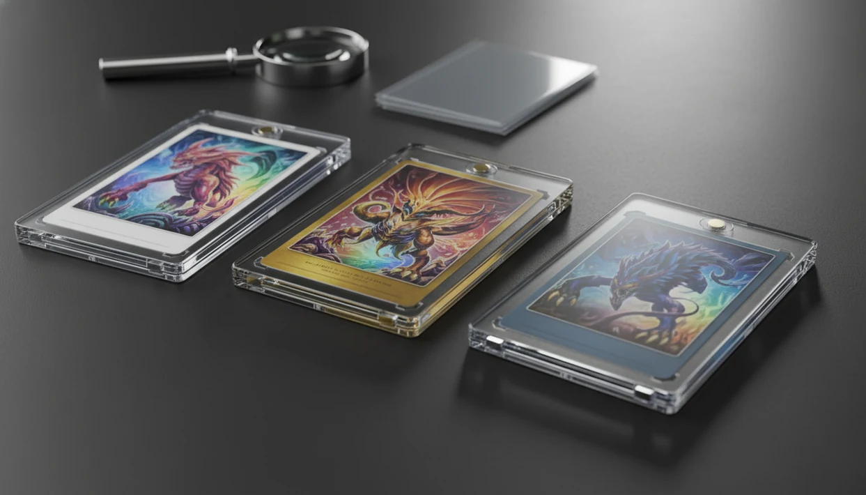 Three graded Pokémon-style card slabs sit on a dark desk with a loupe and sleeves nearby.