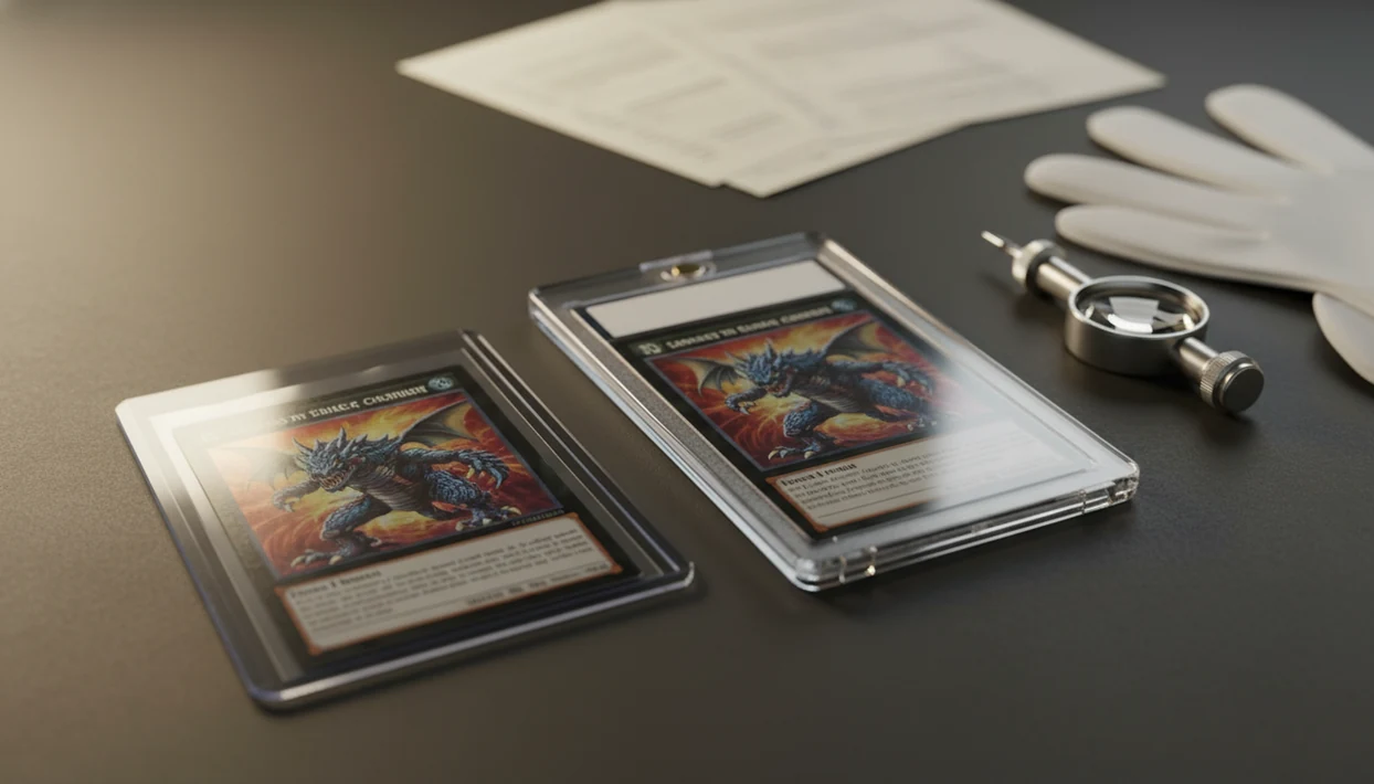 A raw trading card beside a blank graded slab, with gloves and a loupe on a dark tabletop.