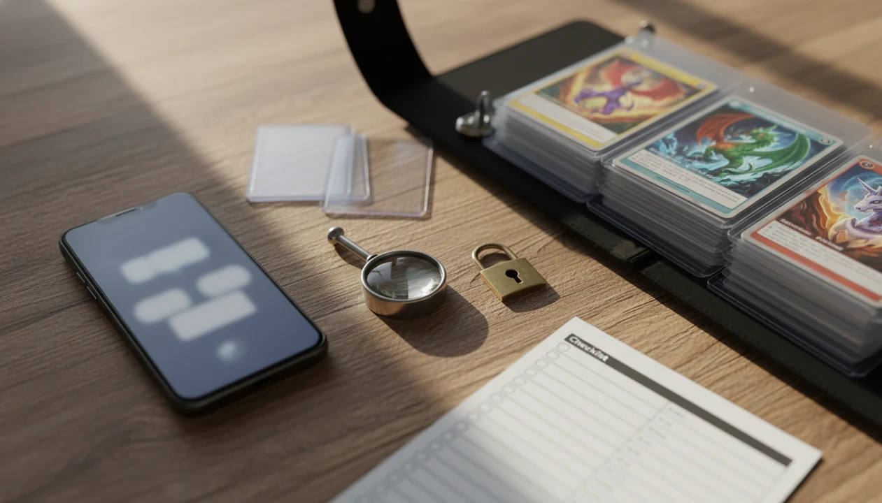 A smartphone, sleeved trading cards, and a padlock charm sit on a collector’s table for safe price checking.