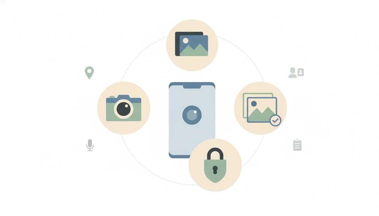 A clean diagram shows a scanner app allowing camera access while other phone permissions stay outside the boundary.