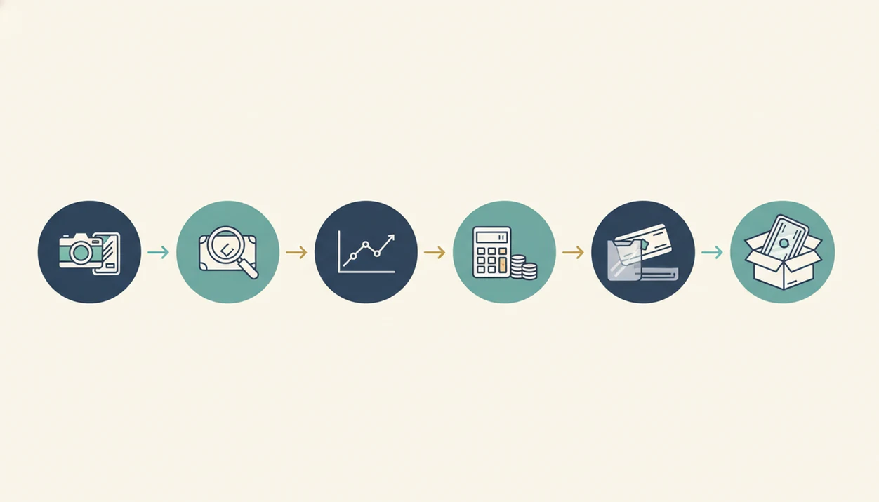 A six-step visual workflow shows scanning, checking condition, valuing, protecting, and submitting a card.