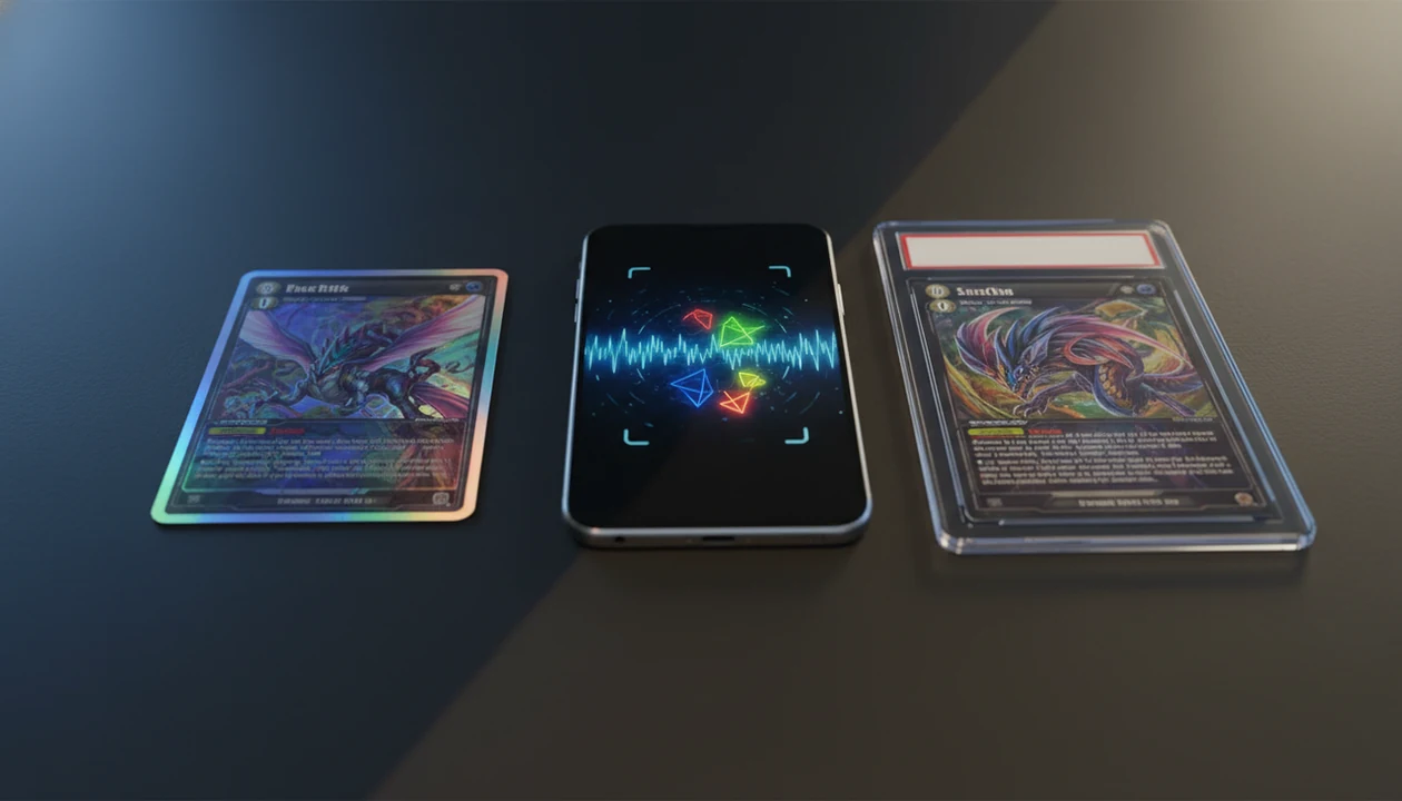 A raw trading card beside a scanner phone contrasts with a sealed graded slab on a dark desk.