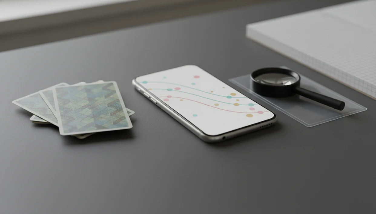 Trading cards, a loupe, and a phone with an unlabeled trend chart on a desk.