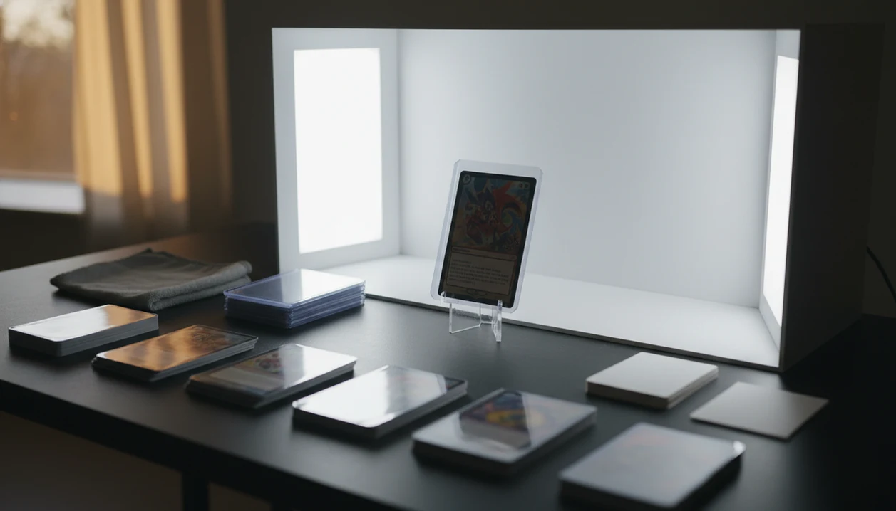 A tabletop photo station shows sleeved trading cards sorted into batches beside a small lightbox.