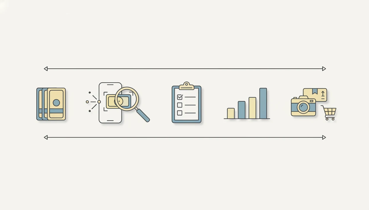 A visual workflow shows trading cards moving from scanning through checking, pricing, photos, and listing.