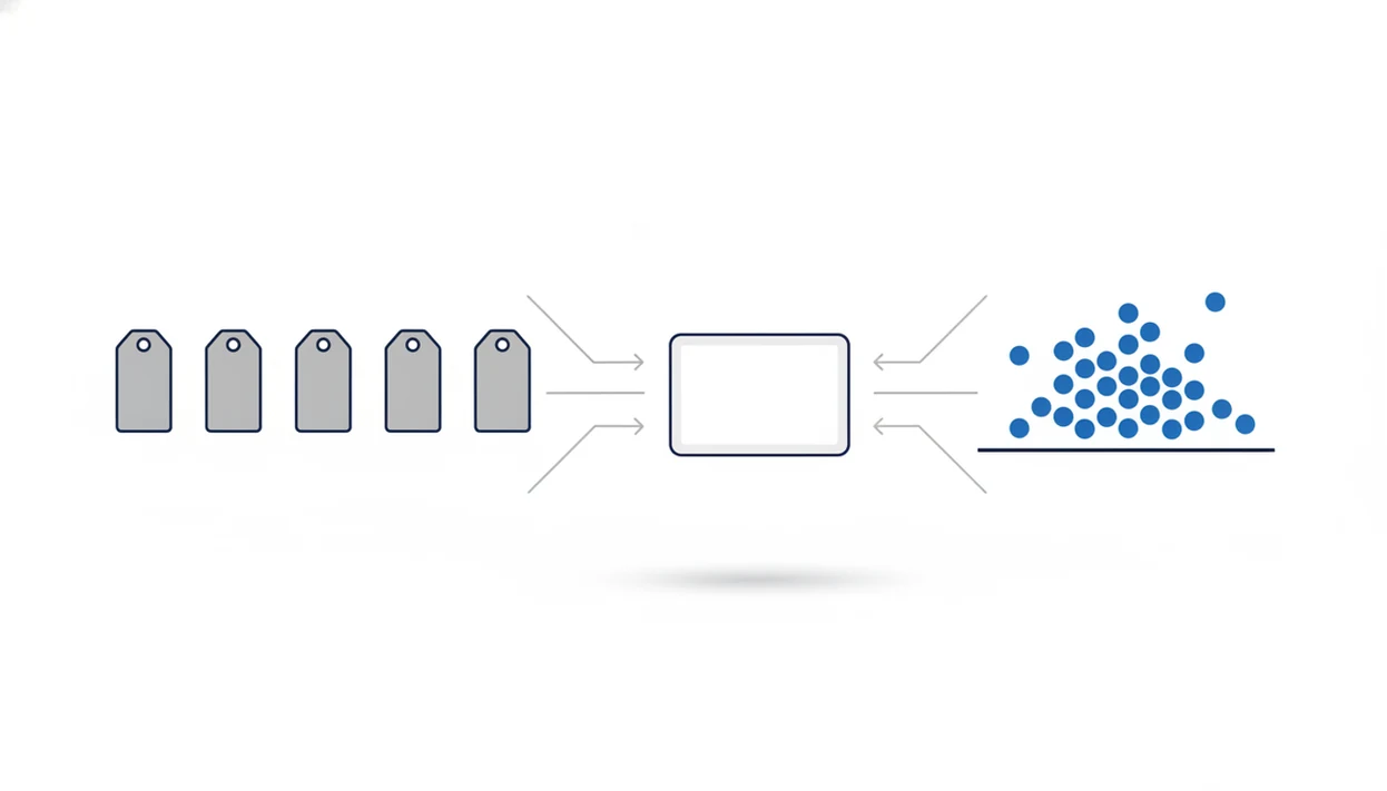 A simple diagram contrasts scattered asking prices with clustered completed sale signals for one raw card.