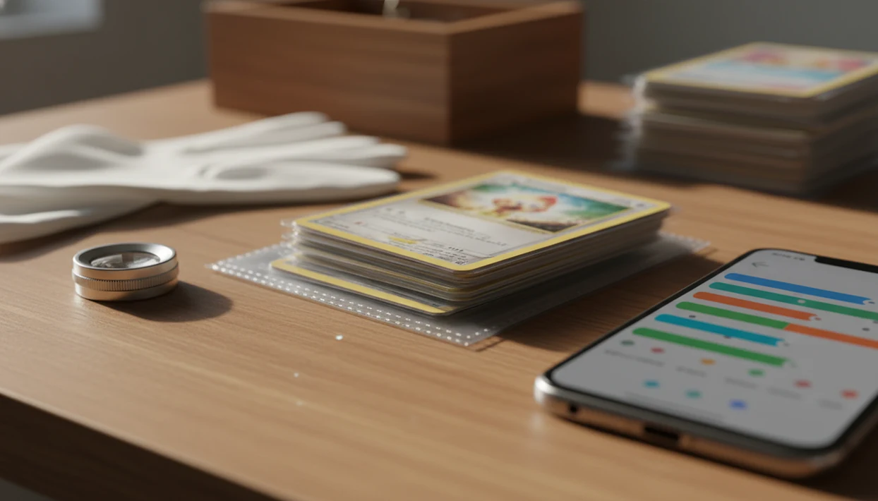 Raw trading cards, a binder, and a phone suggest checking recent market prices before valuing a collection.