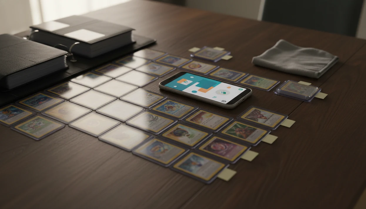 A phone scans organized Pokémon cards on a table beside a binder and protective sleeves.
