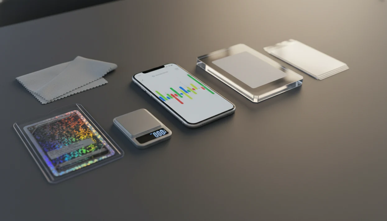 A raw trading card, graded slab, and phone sit together for comparing card values.