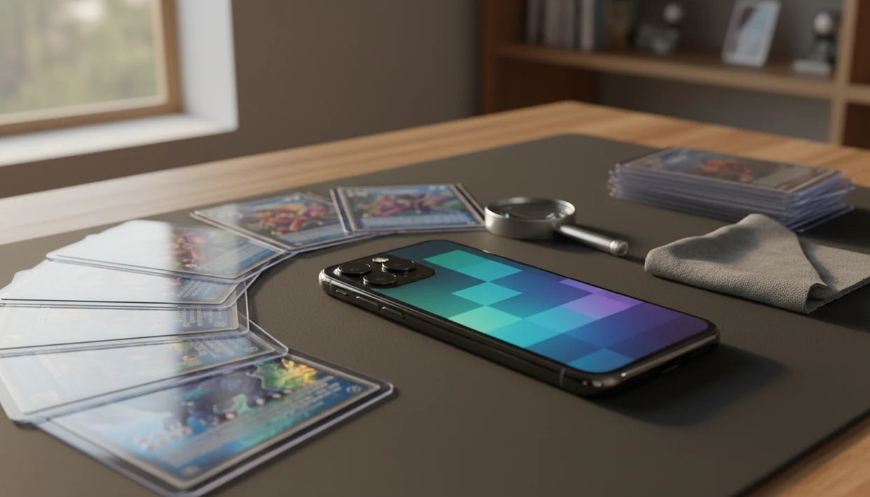 A smartphone scans a sleeved trading card on a collector desk with foil cards and a loupe nearby.