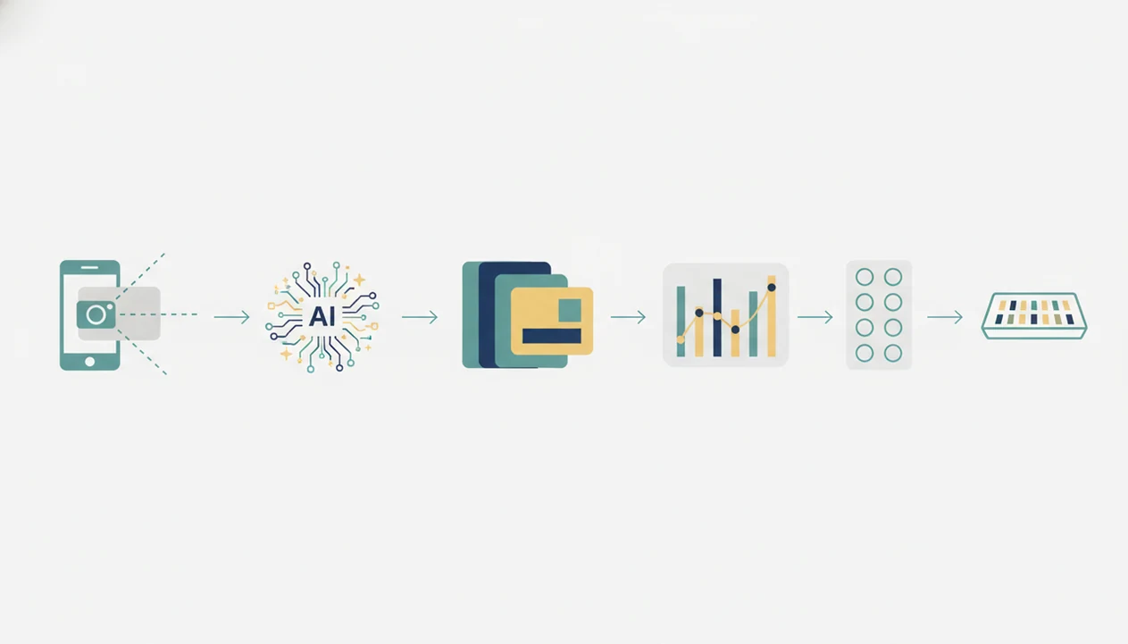 A simple diagram shows card scanning moving through identification, pricing, condition notes, and export.