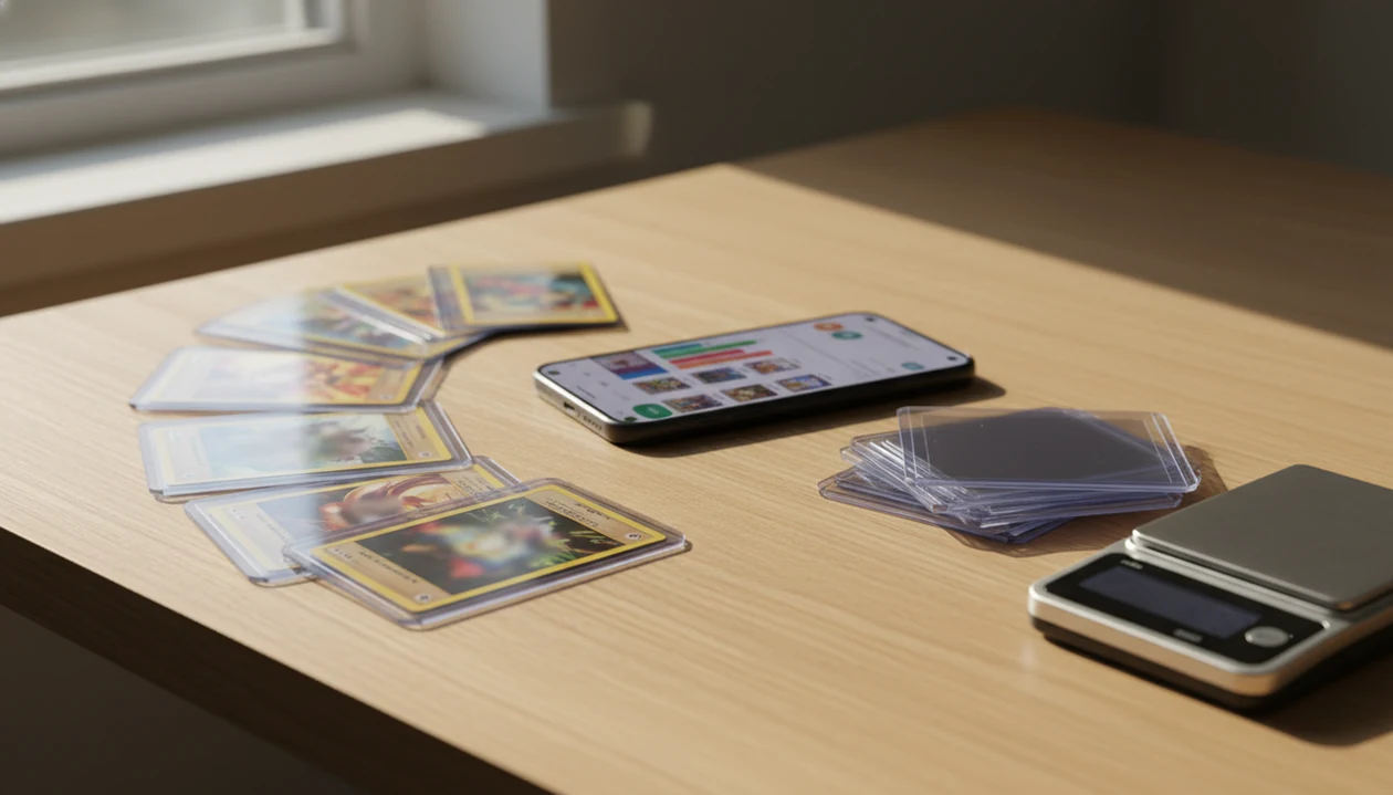 A seller desk with sleeved trading cards, a phone, top loaders, and a shipping scale ready for scanning.