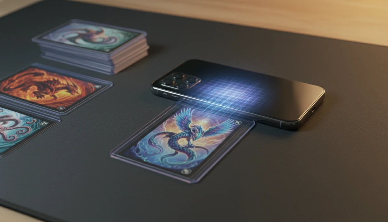 A phone scans a sleeved trading card on a collector desk with card supplies nearby.