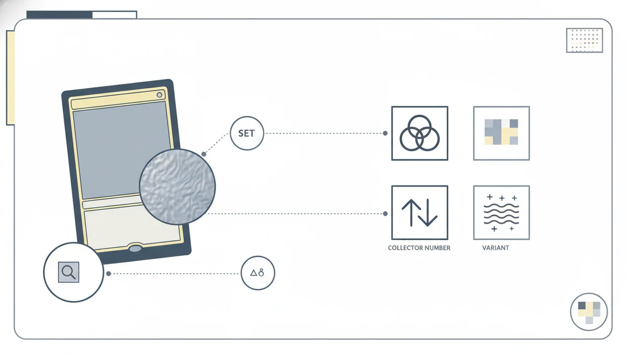 A diagram highlights where a card scanner checks the set symbol, number area, and variant clues.
