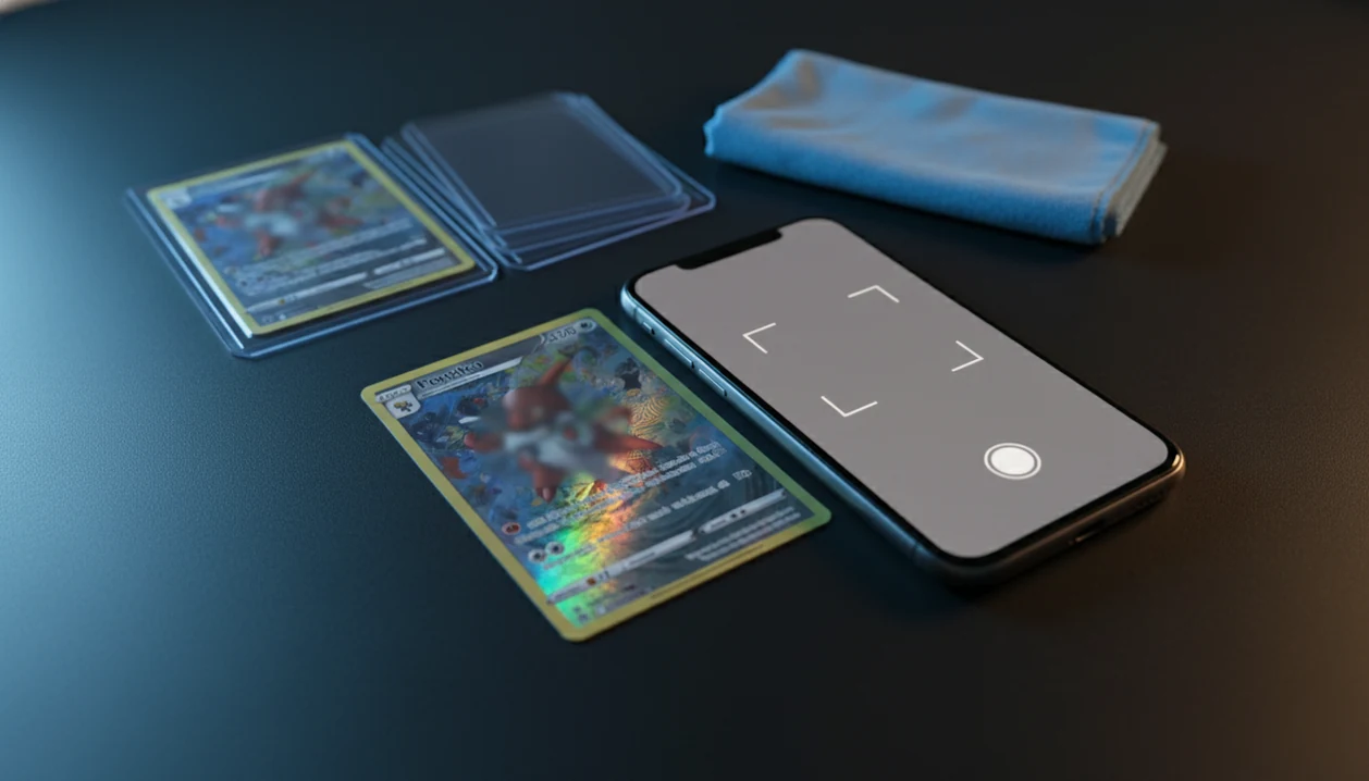 A phone scans a holographic trading card on a collector desk with sleeves and top loaders nearby.