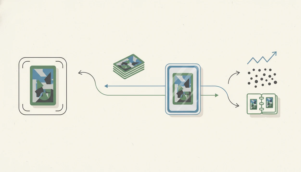 A simple diagram shows card scanning flowing into raw prices, graded comps, and collection tracking.