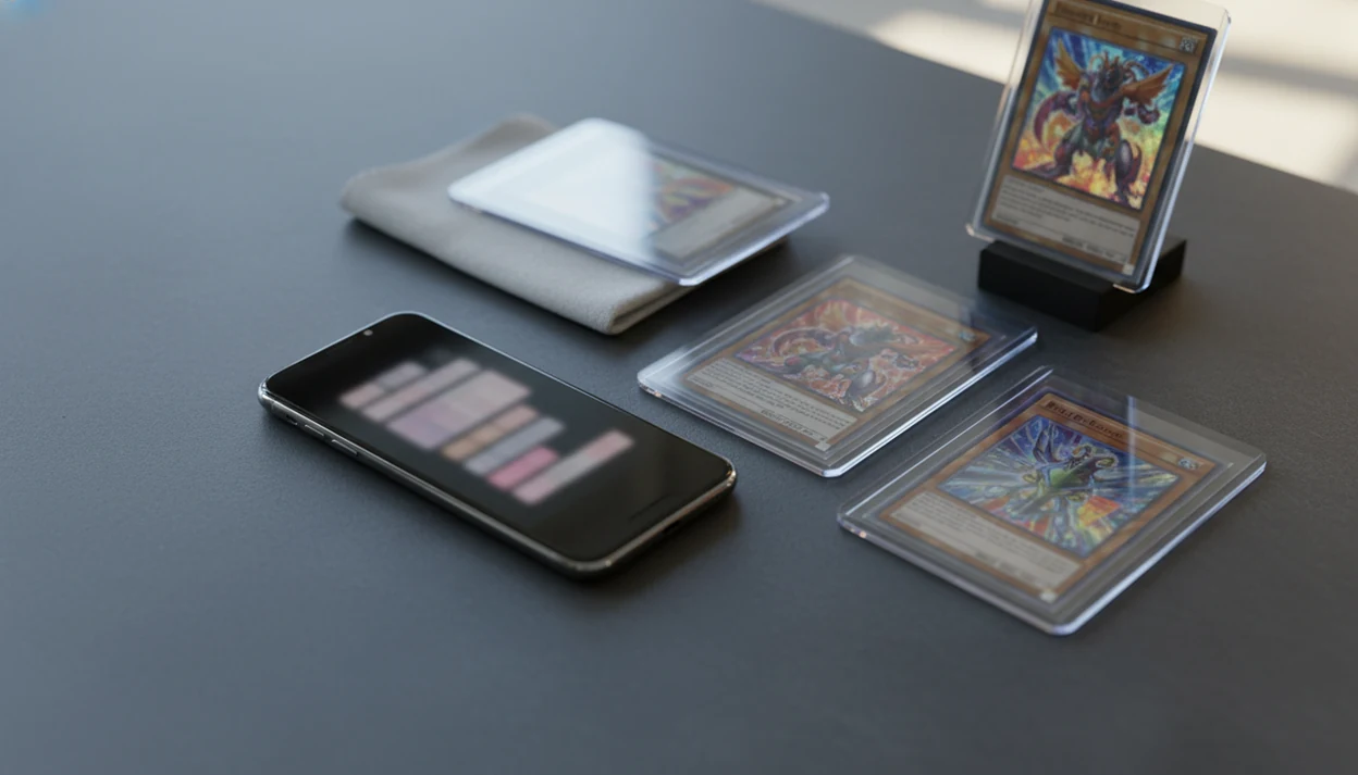 A phone scans Pokémon-style cards beside graded slabs and raw cards on a collector’s desk.