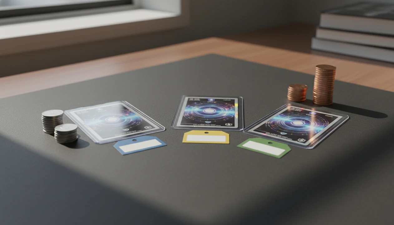 Similar sleeved trading cards sit beside different coin stacks, suggesting why sold prices vary.