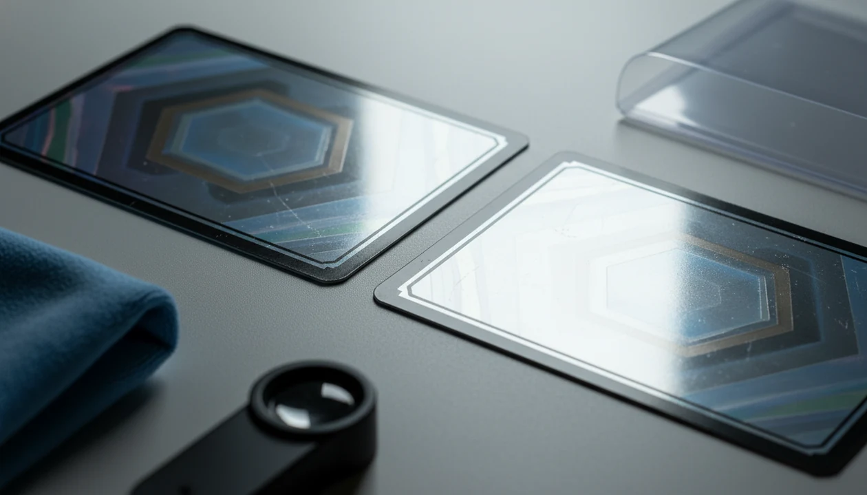 A macro comparison shows tiny whitening and scratches on one card beside a cleaner copy.